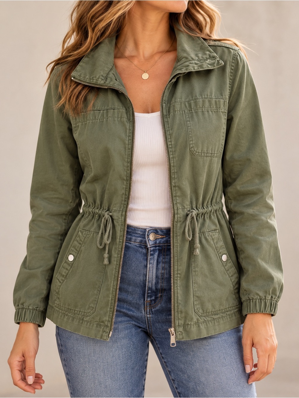 Old Navy Olive Green Utility Jacket Womens Small Drawstring Lightweight Fall